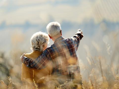 Couple looking out onto a field. 